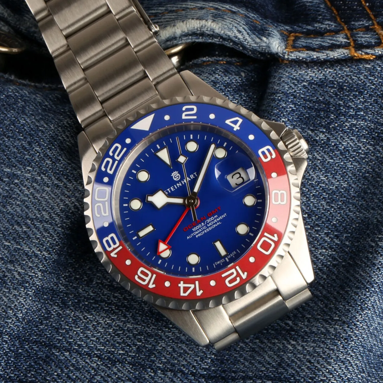 Steinhart Watches Duikhorloges 42 Mm^Ocean One Gmt Blauw-Rode Keramische Blauwe Wijzerplaat
